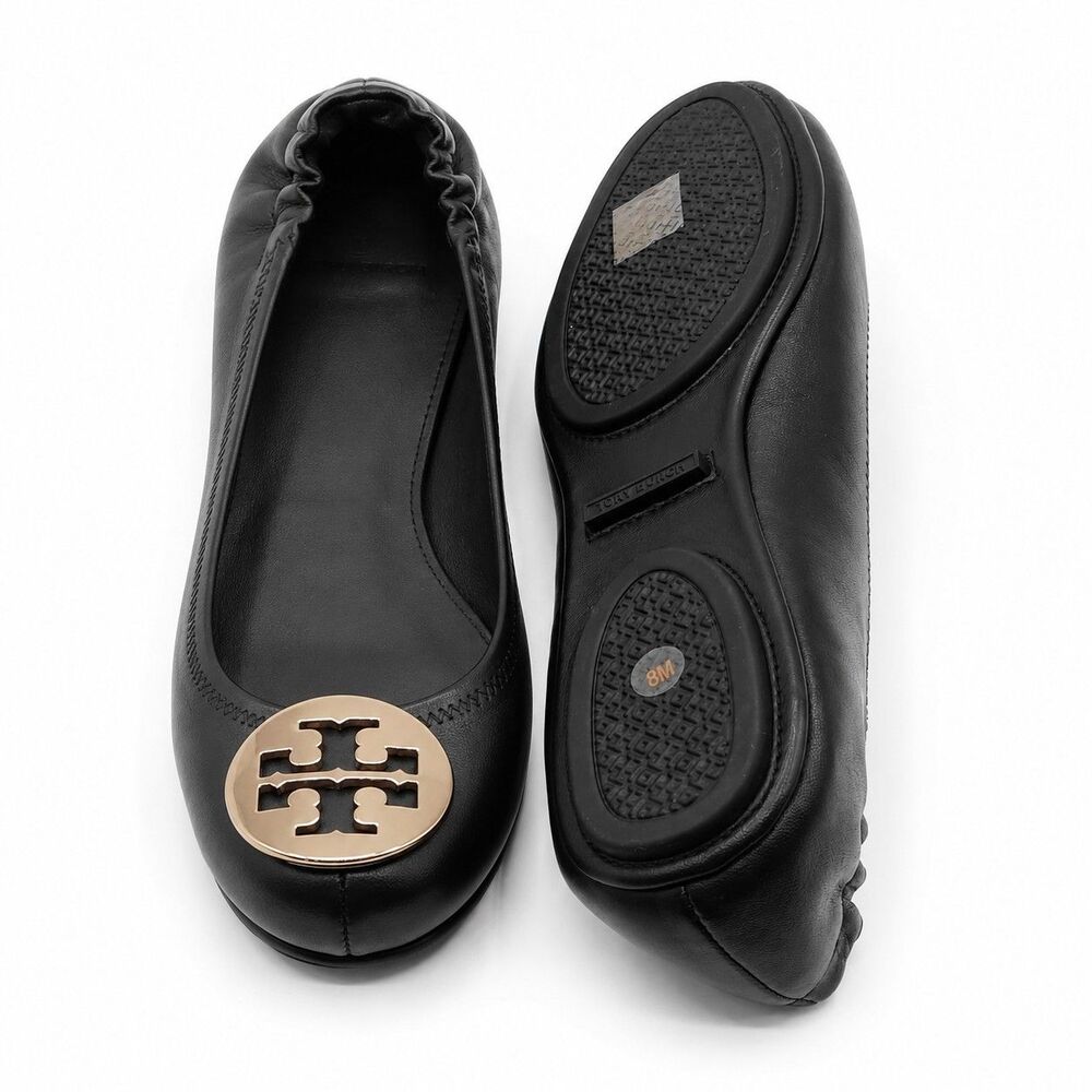 Tory Burch Minnie Travel Ballet Flats Women's 8 Black Gold Nappa Leather 50393 - Picture 5 of 7